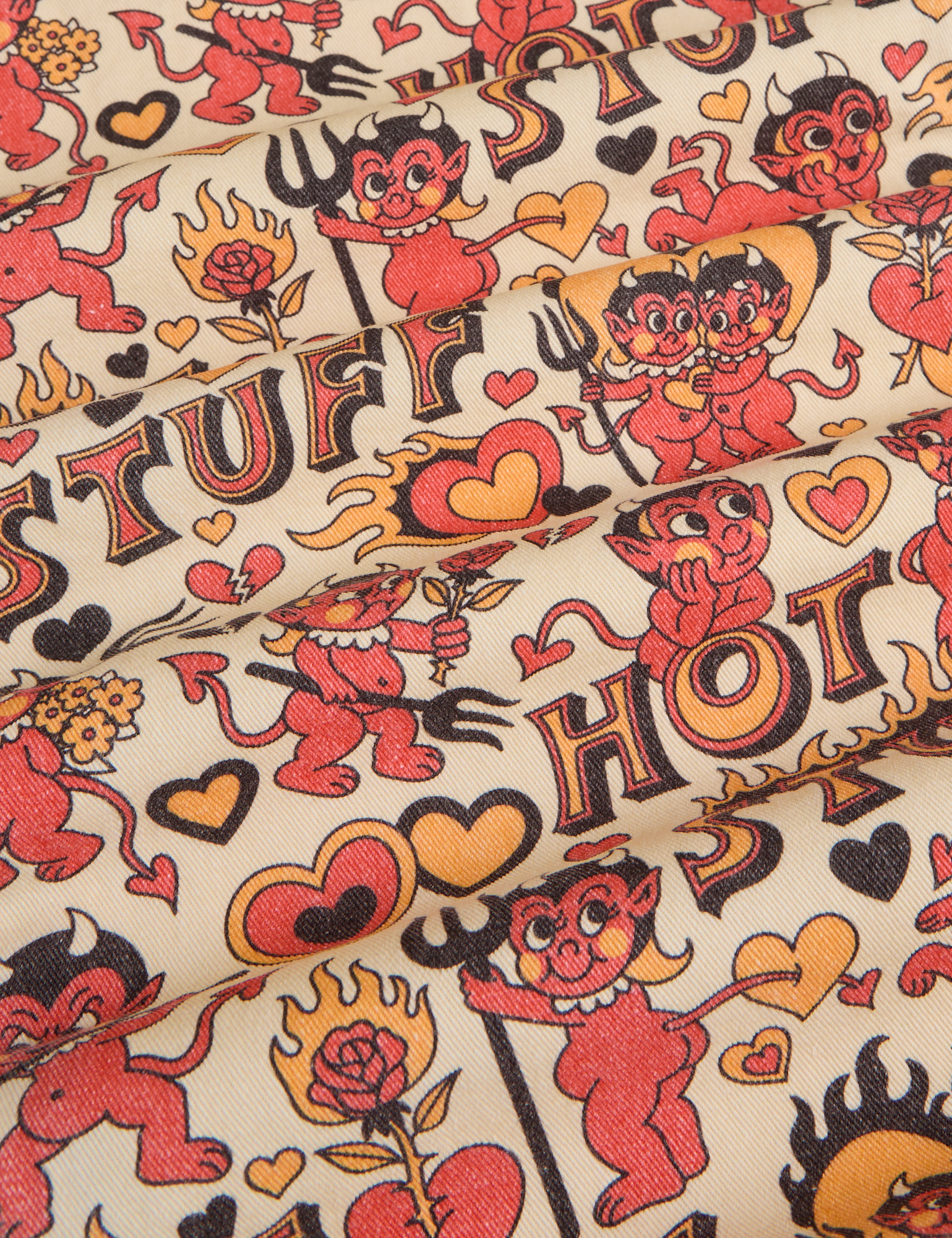 Work Pants in Hot Stuff Print fabric detail close up