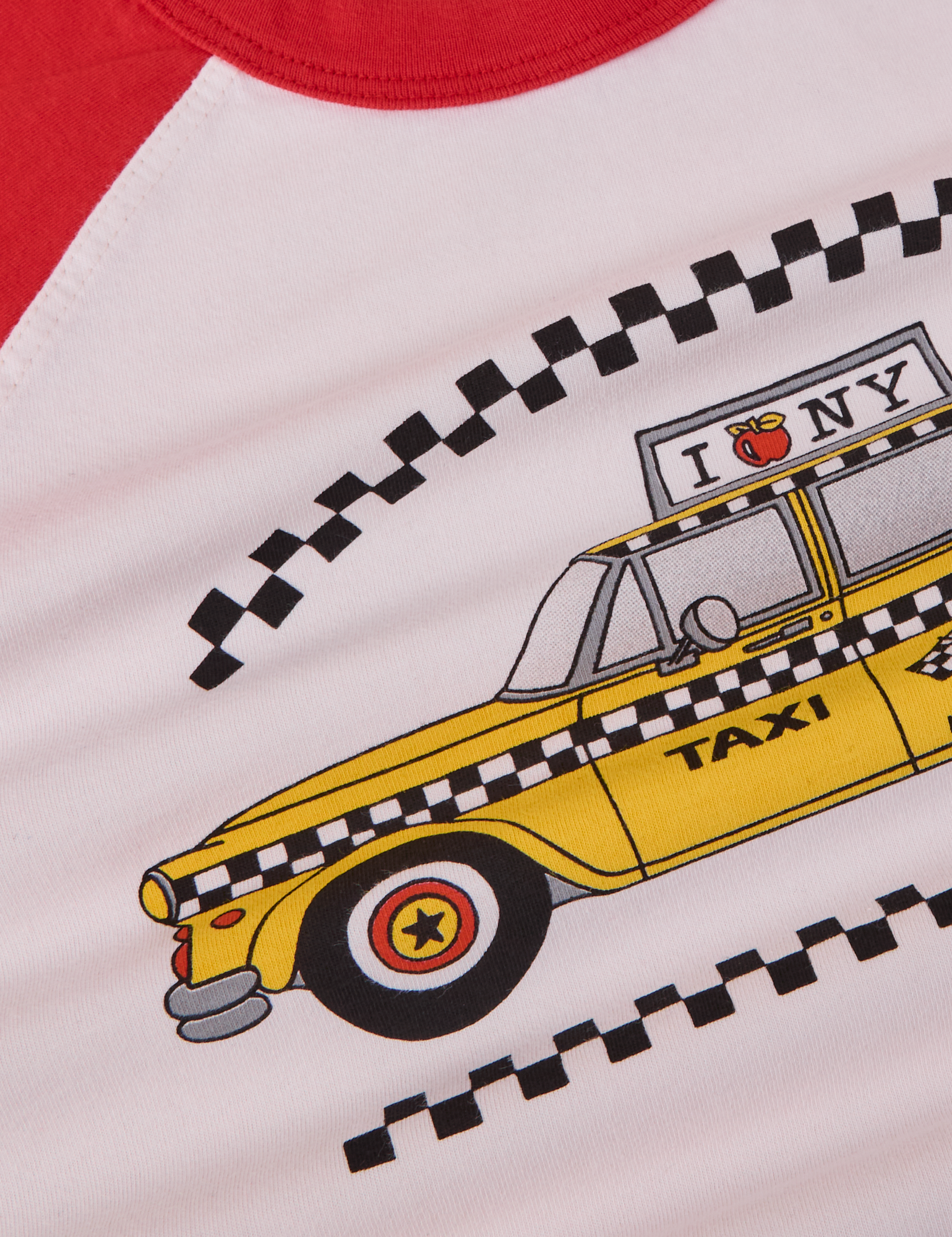 Taxi Raglan Tee in NYC fabric detail close up