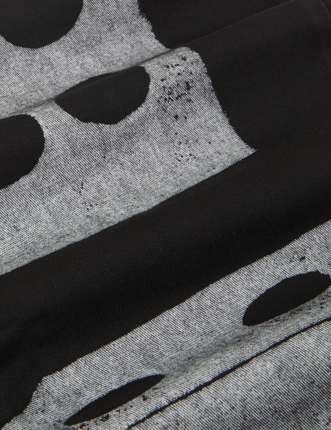 Fabric detail close up of Icon Work Pants in Dice. Large white dice paintstamped onto black Work Pants.