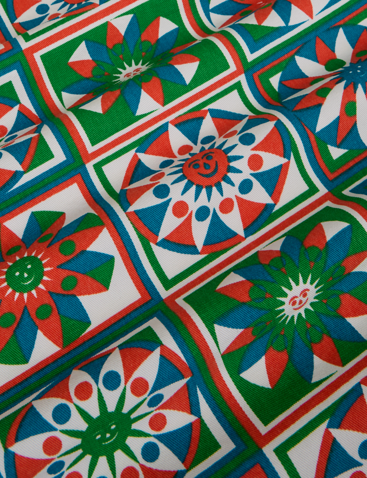 Cropped Overshirt in Quilt Print close up of red, green, blue and white print