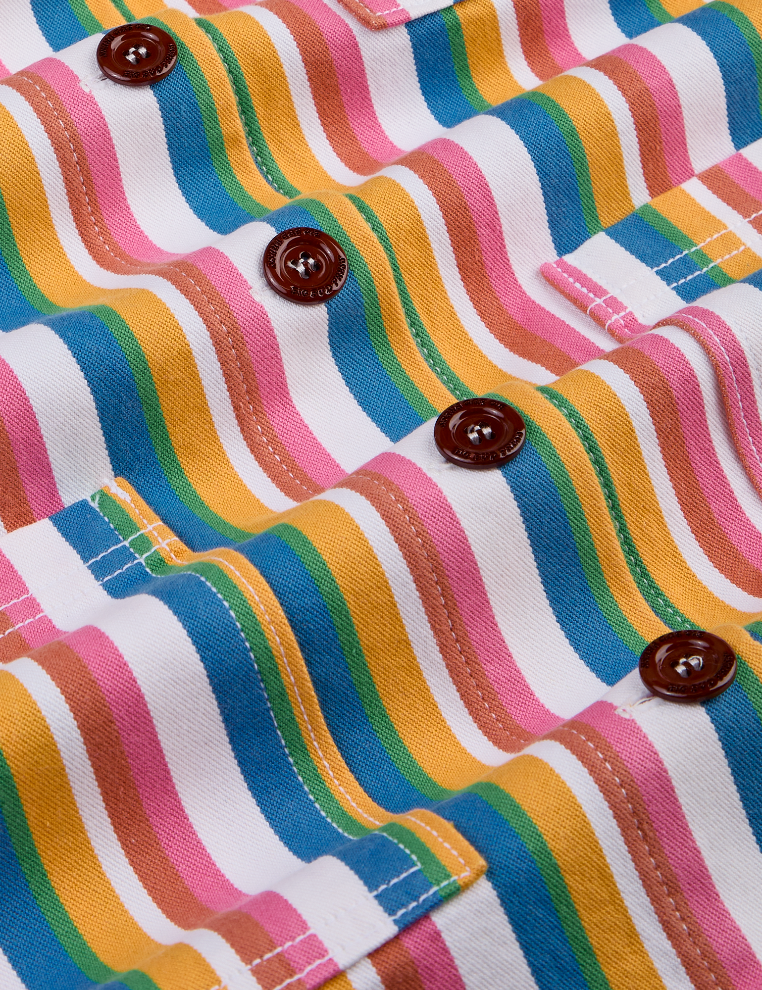 Stripe Work Jacket in Rainbow Stripe fabric detail close up. Pink, yellow, orange, green, blue and white stripes.