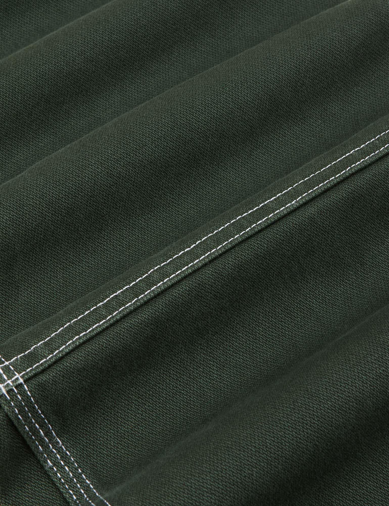 Carpenter Jeans in Swamp Green fabric detail close up. White contrast top stitching