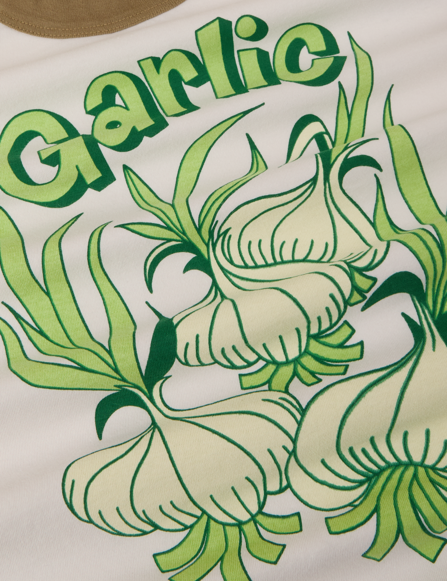 Close up of garlic graphic on tee