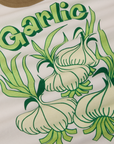 Close up of garlic graphic on tee