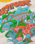 Close up of graphic mushrooms in pink, blue, green and orange