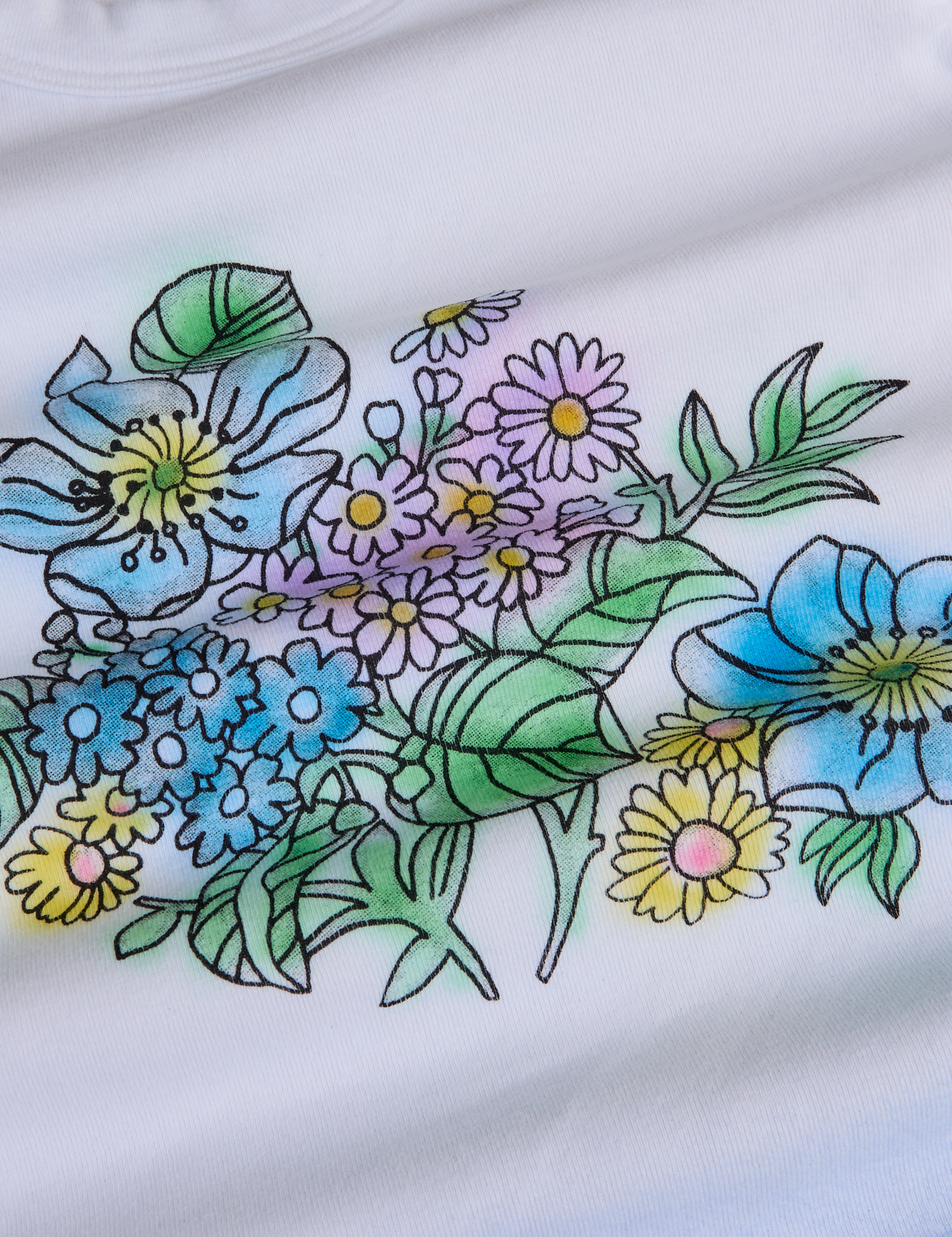Floral Long Sleeve Baby Tee in Baby Blue close up of screen-printed flowers