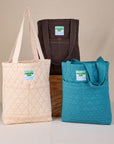 Quilted Everyday Tote in marine blue, espresso brown and vintage tee off-white