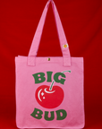 Bodega Shopper Tote in Cherry. Pink tote body with screenprinted red cherry and Big Bud in green