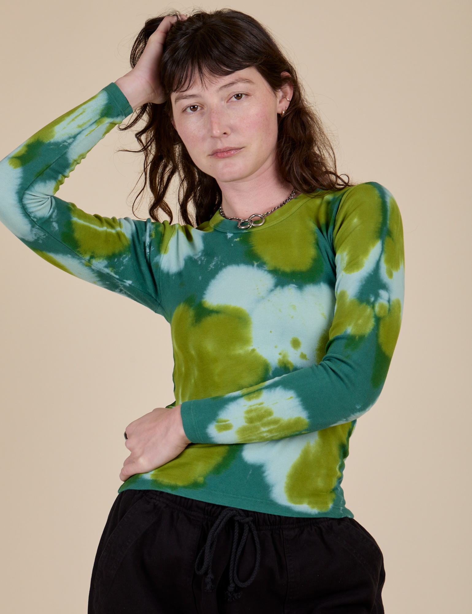 Long Sleeve Baby Tee in Green Magic Waters on Alex