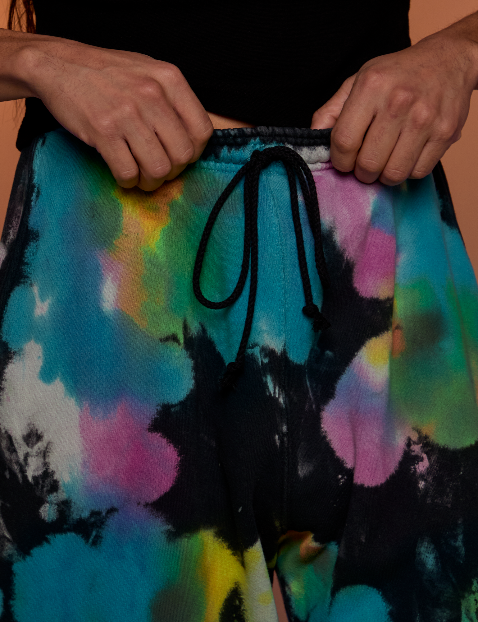 Tie Dyed Wide Leg Sweat Pants front close up on Anthony