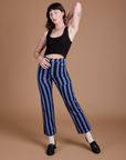 Black Stripe Work Pants in Cornflower Blue and black Cropped Tank on Alex