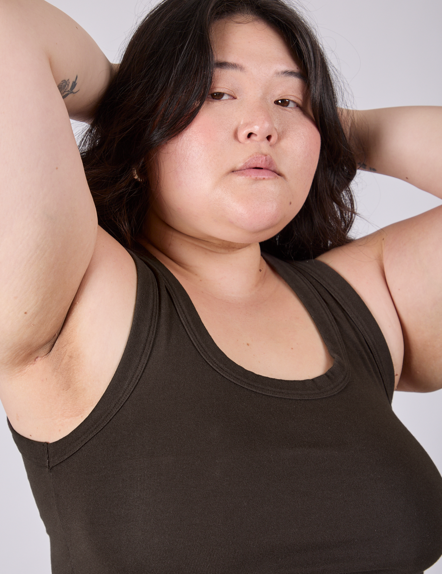 Tank Top in Espresso Brown neckline close up on Ashley