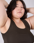 Tank Top in Espresso Brown neckline close up on Ashley