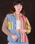 Alex is wearing Cropped Overshirt in Mixed Stripe