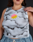Front close up of the Dark Cloud Airbrush Muscle Tee on Kristen