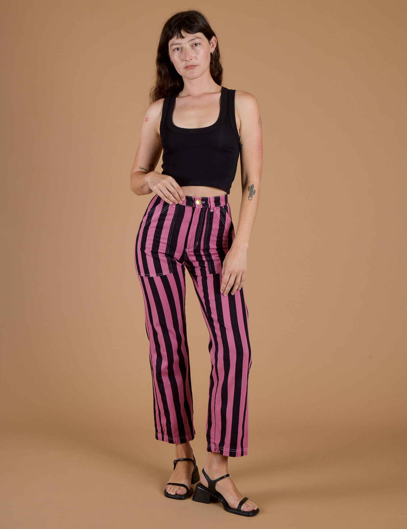 Black Stripe Work Pants - Bubblegum Pink