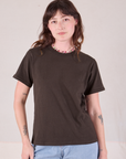 Alex is 5'8" and wearing P Burly Tee in Espresso Brown