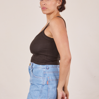 Side view of Cropped Cami in Espresso Brown and light wash Sailor Jeans worn by Tiara