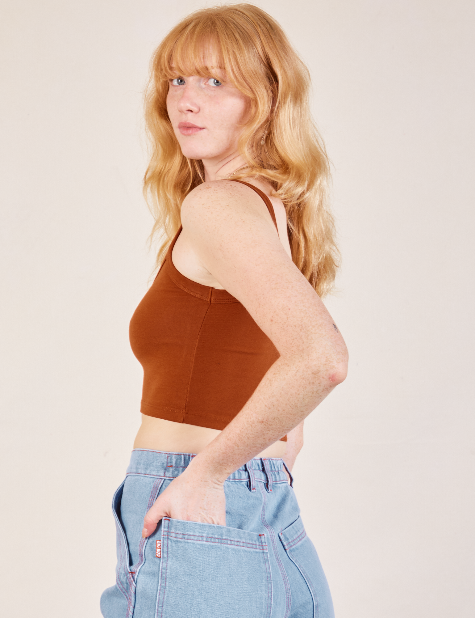 Cropped Cami in Burnt Terracotta side view on Margaret