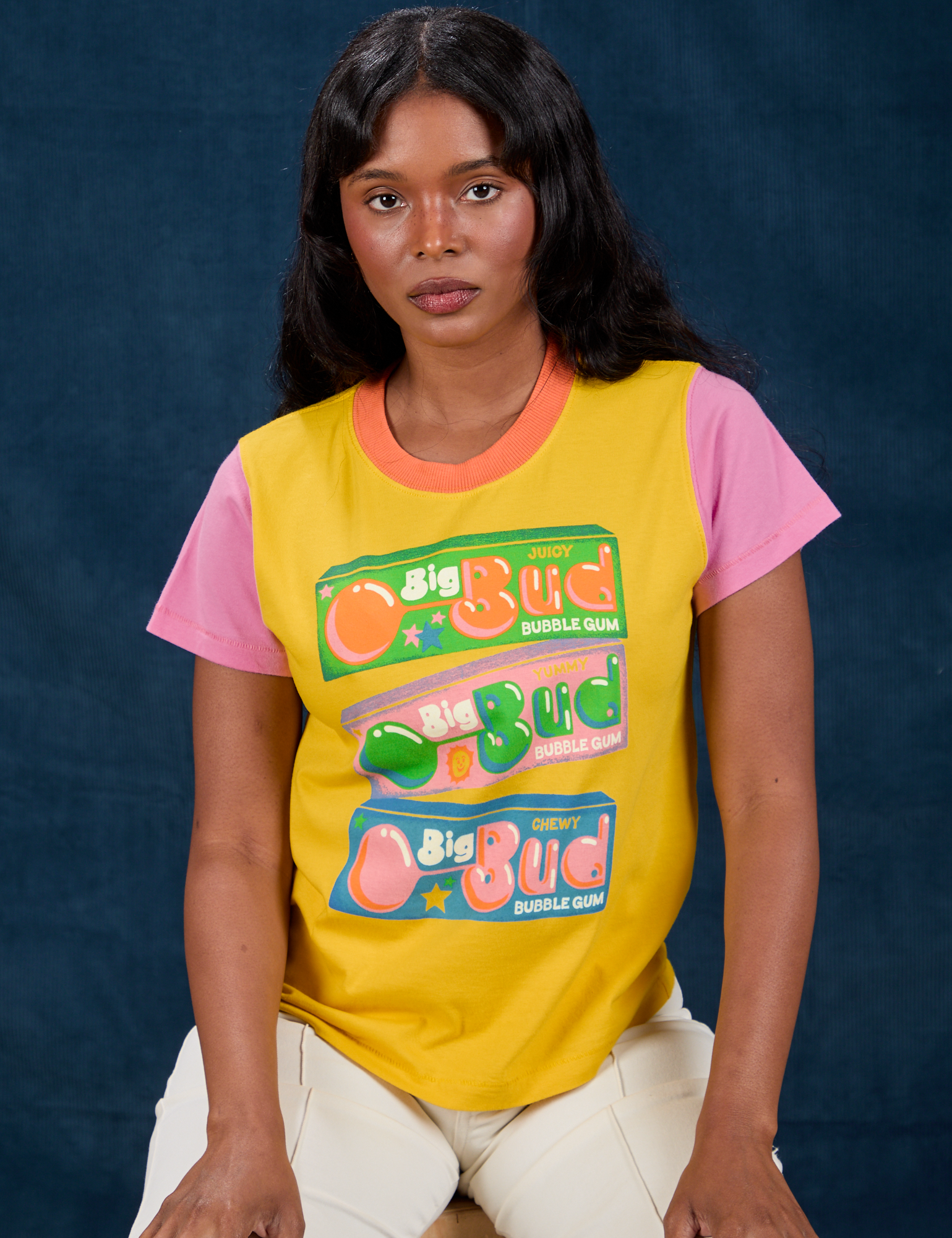 Kandia is 5'3" and wearing P Vintage Tee in Bubblegum