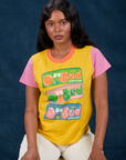 Kandia is 5'3" and wearing P Vintage Tee in Bubblegum