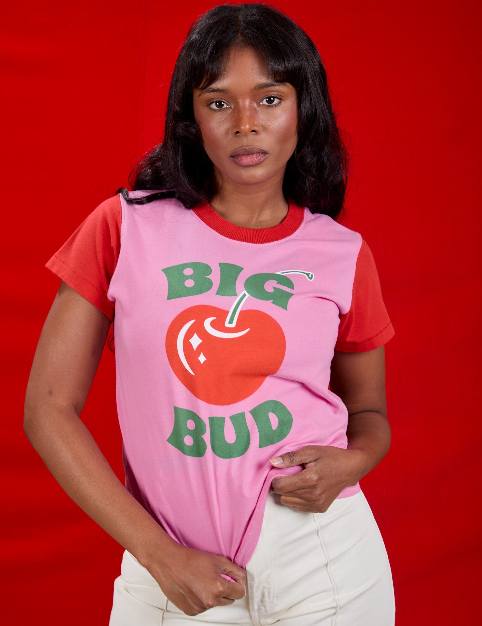 Kandia is 5'3" and wearing P Vintage Tee in Big Red Cherry