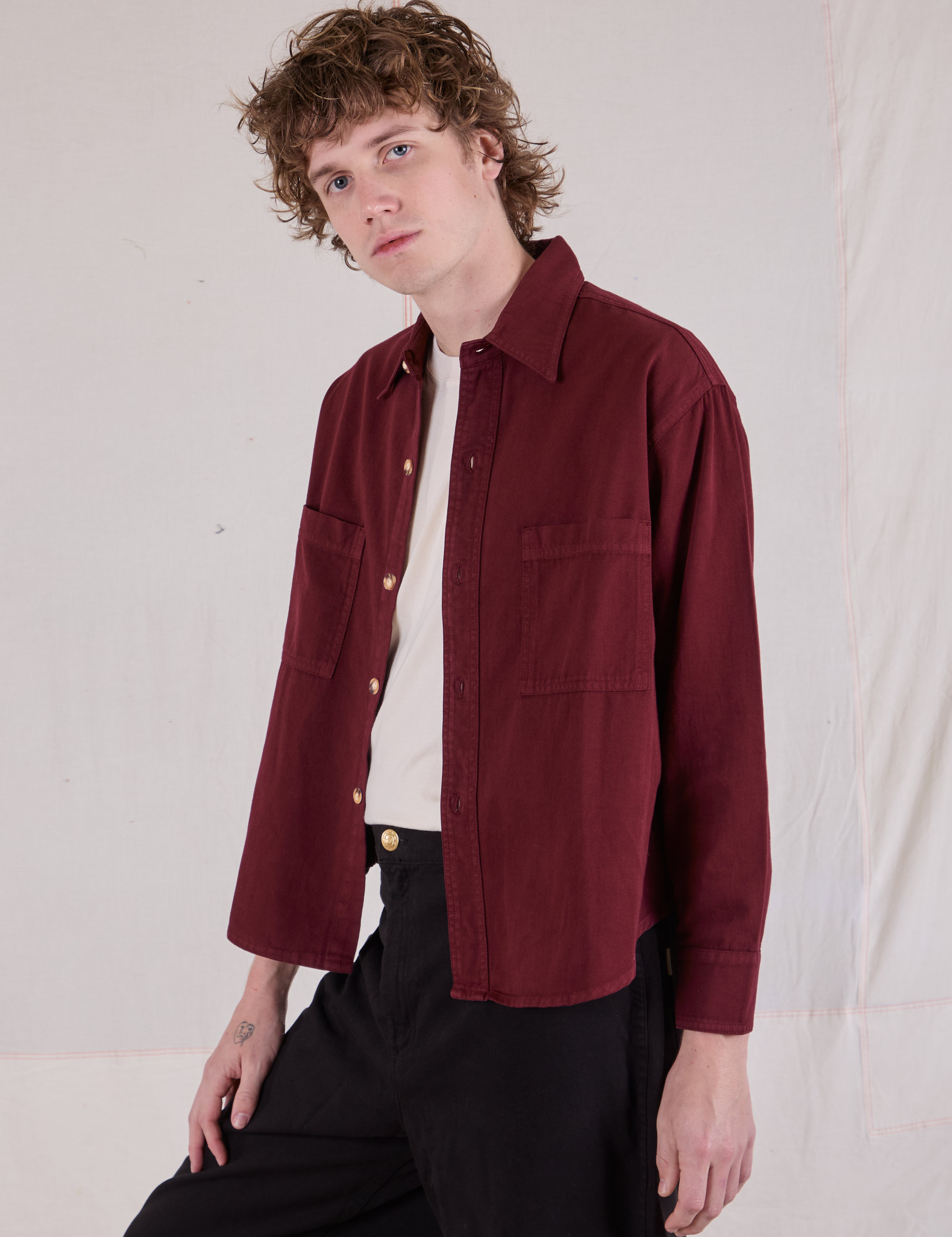 Cropped Overshirt in Red Wine angled front view on Quinn