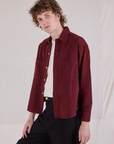 Cropped Overshirt in Red Wine angled front view on Quinn