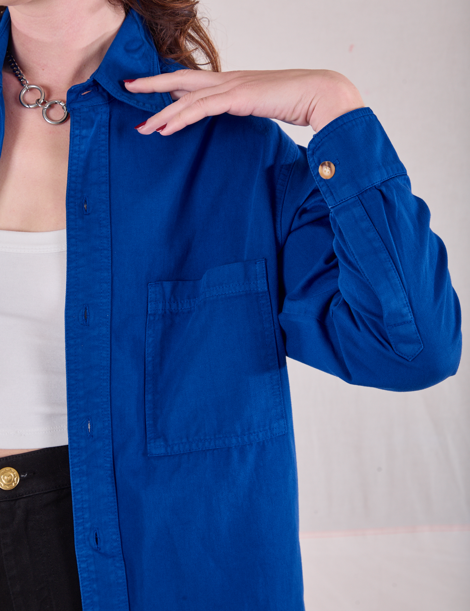 Cropped Overshirt in Royal Blue front close up on Alex