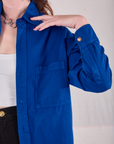 Cropped Overshirt in Royal Blue front close up on Alex