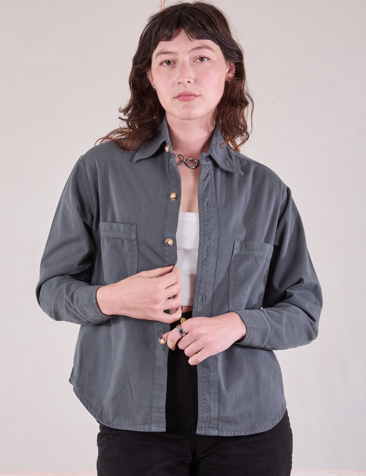 Alex is wearing Cropped Overshirt in Slate Grey