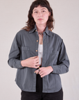 Alex is wearing Cropped Overshirt in Slate Grey