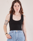 Hana is 5'3" and wearing P Cropped Tank Top in Basic Black