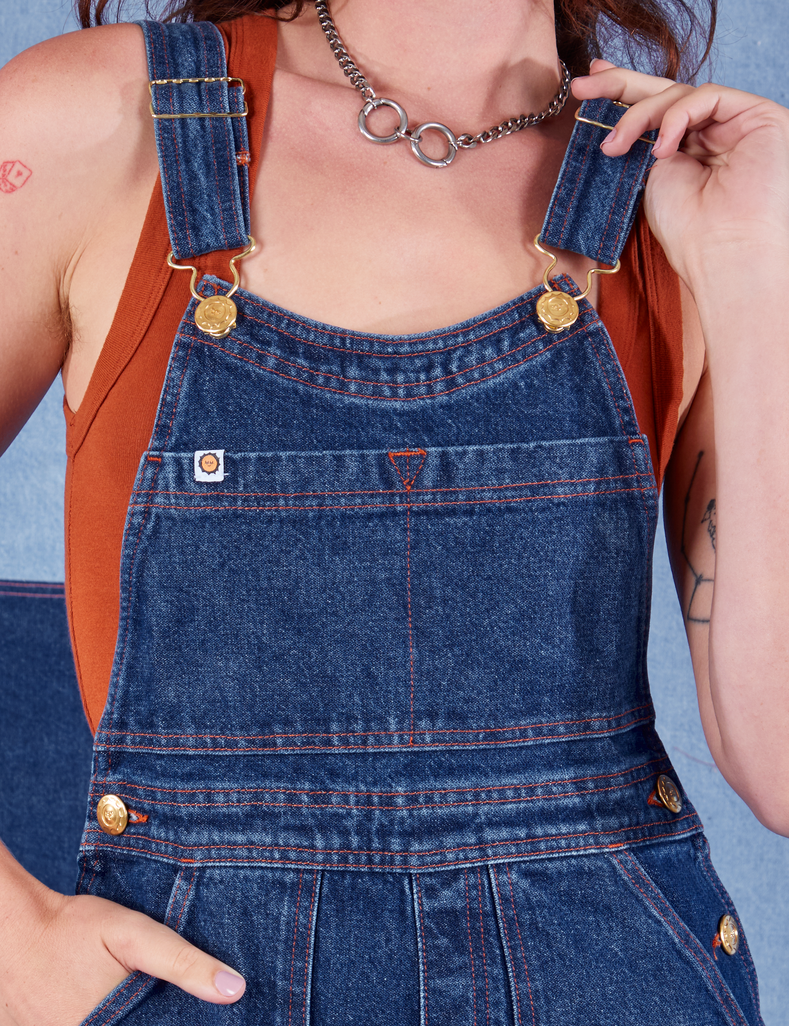 Indigo Denim Original Overalls in Dark Wash front close up on Alex