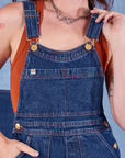 Indigo Denim Original Overalls in Dark Wash front close up on Alex