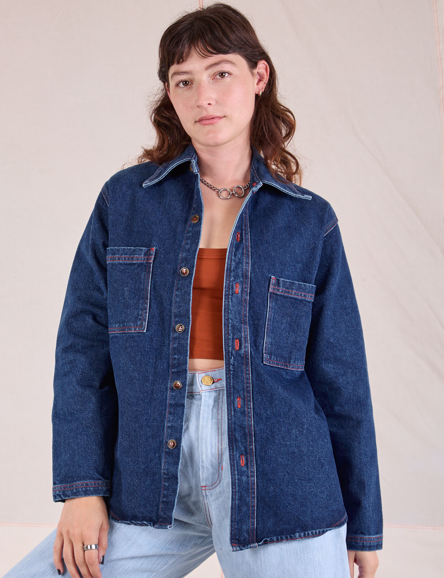 Alex is 5&#39;8&quot; and wearing P Denim Overshirt in Dark Wash