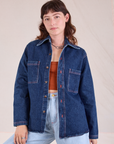 Alex is 5'8" and wearing P Denim Overshirt in Dark Wash