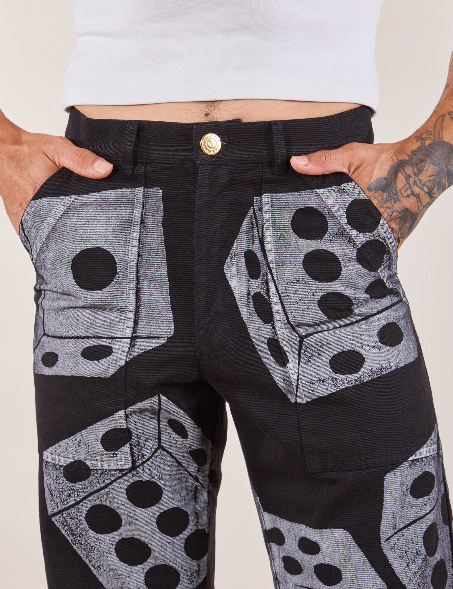 Icon Work Pants in Dice (Black) close up on Jesse