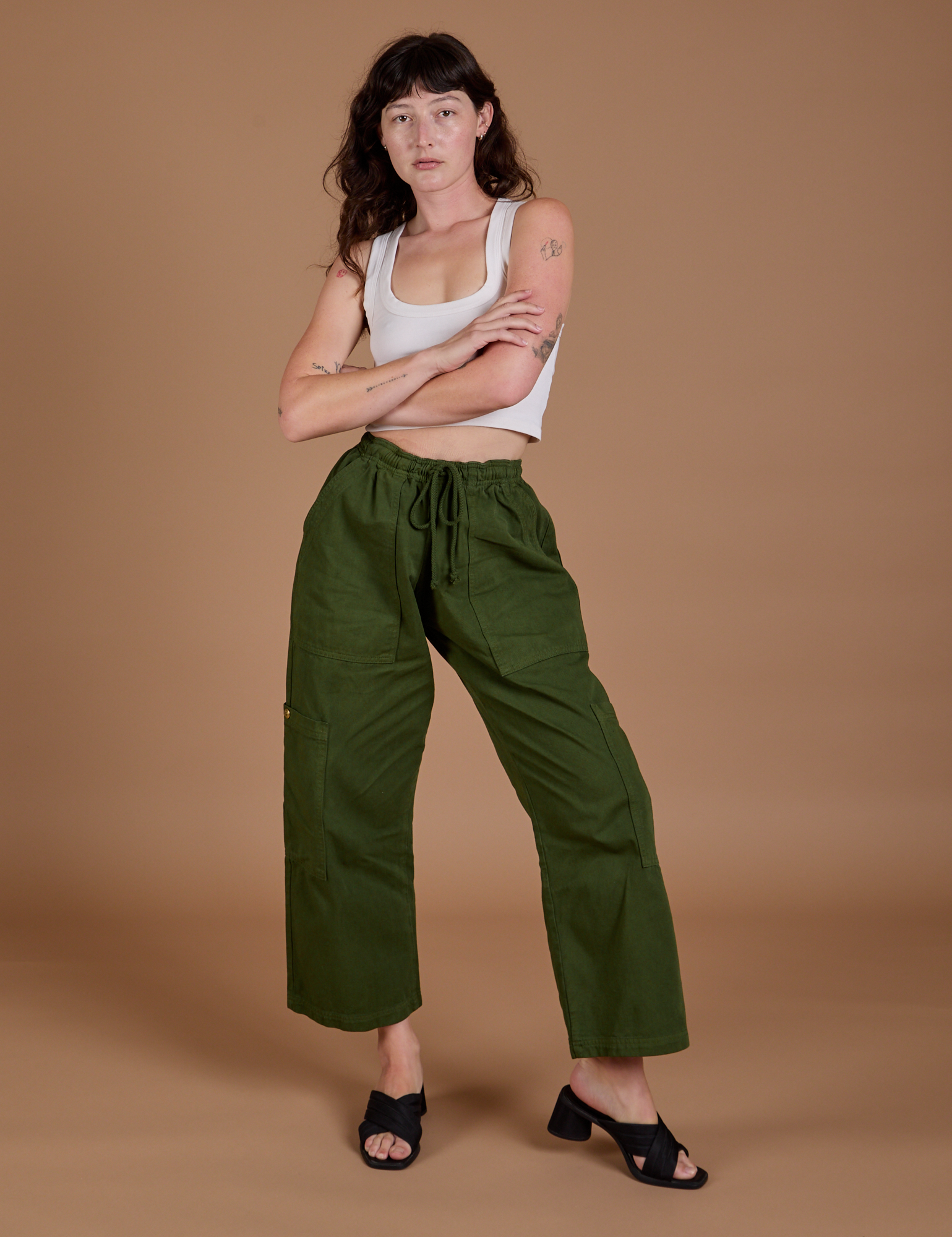 Drop Pocket Cargo Pants in Evergreen and Cropped Tank in vintage tee white on Alex