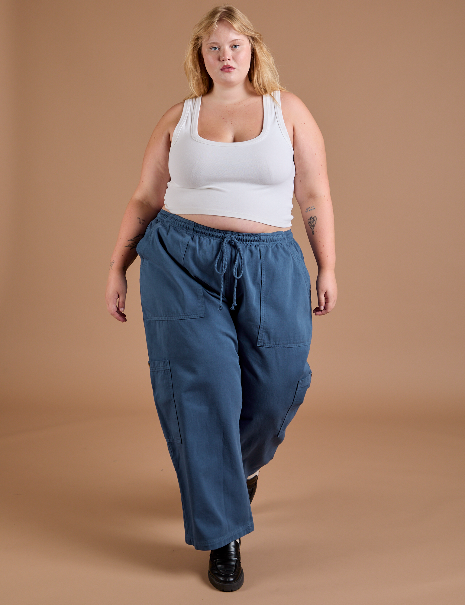 Drop Pocket Cargo Pants in French Blue and Cropped Tank in vintage tee white on Juliet