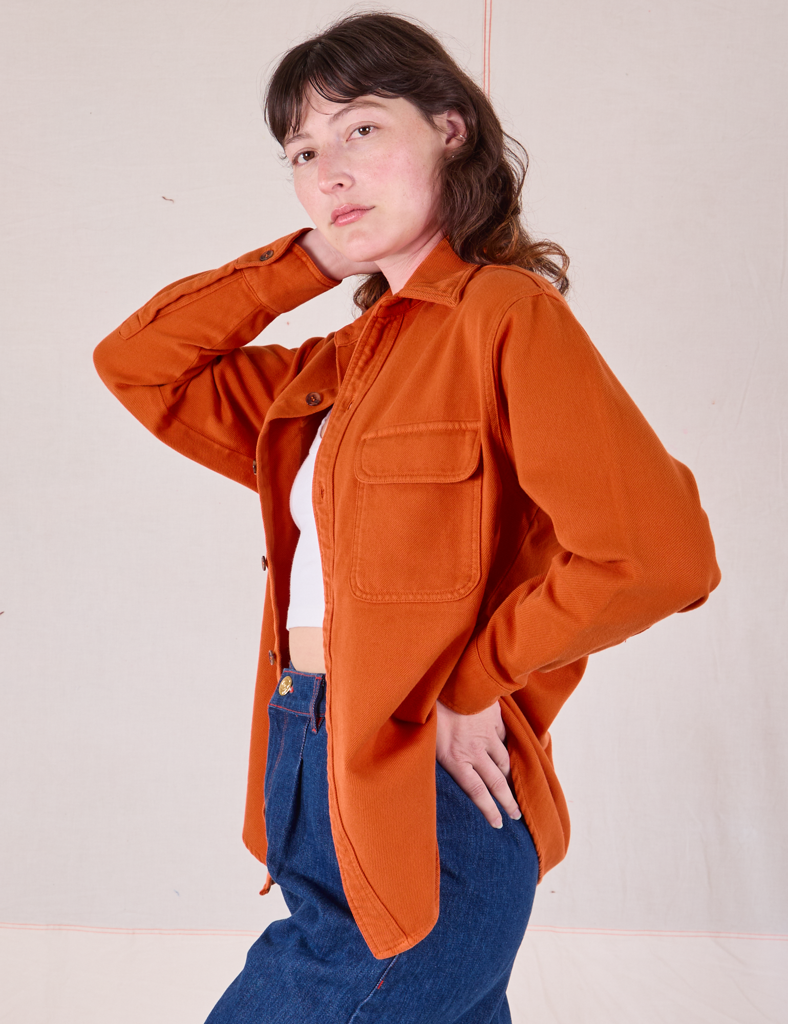 Flannel Overshirt in Burnt Orange side view on Alex