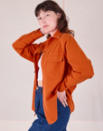 Flannel Overshirt in Burnt Orange side view on Alex