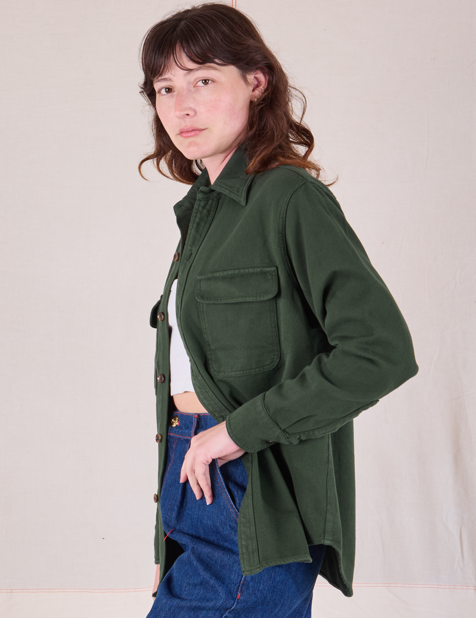 Flannel Overshirt in Swamp Green side view on Alex