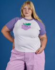 Juliet is 5’7” and wearing L Produce Raglan Tee in Grape