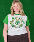 Lish is 5'8" and wearing XS Lucky Charm Organic Tee