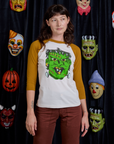 Alex is 5'8" and wearing P Raglan Tee in Frankenstein