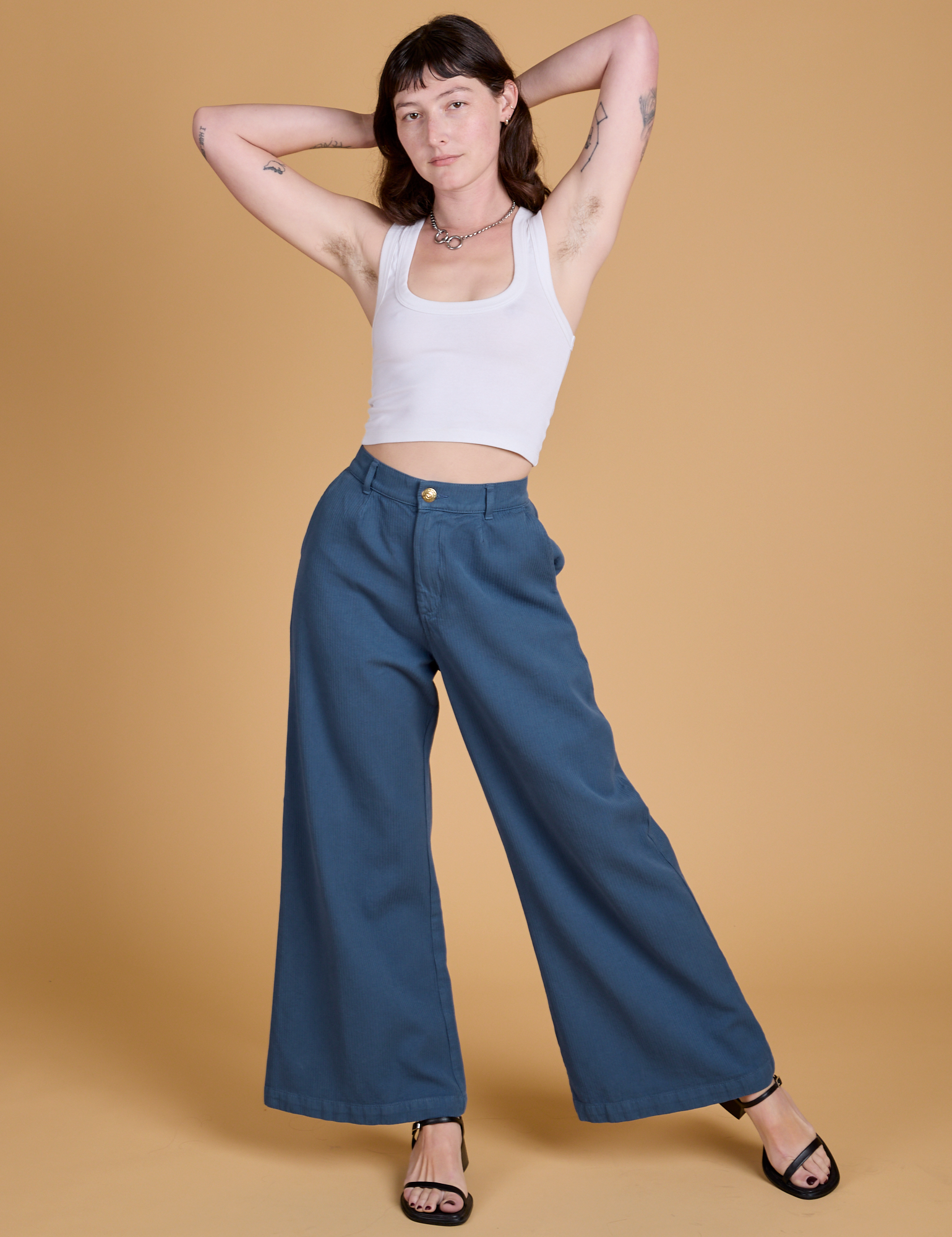Heritage Wide Leg Trousers in French Blue and vintage tee white Cropped Tank on Alex