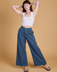 Heritage Wide Leg Trousers in French Blue and vintage tee white Cropped Tank on Alex