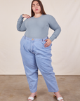Marielena is wearing Honeycomb Thermal in Periwinkle and light wash Denim Trousers