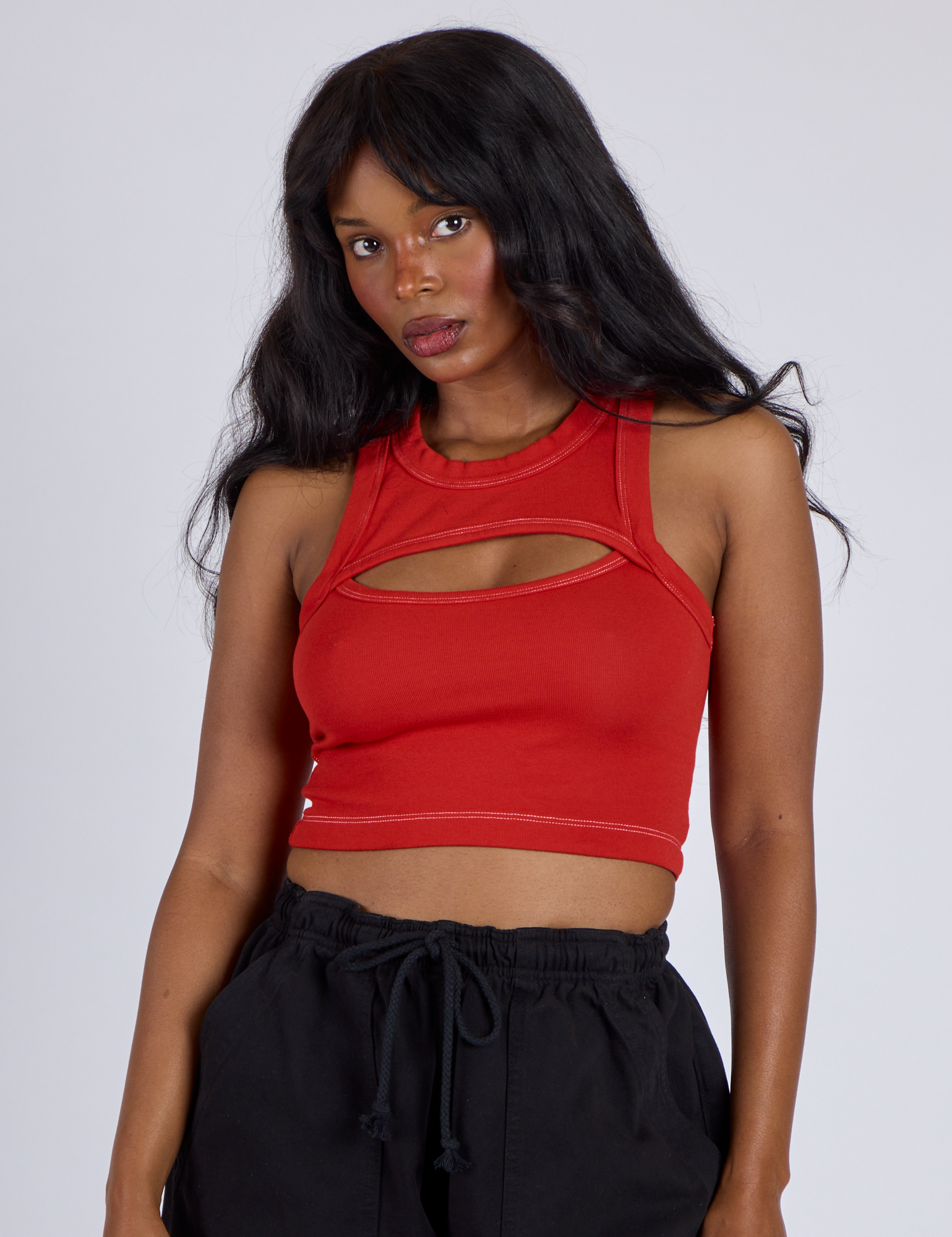 Porthole Tank in Mustang Red worn by Kandia